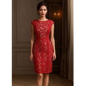Tadashi Shoji Lace Boatneck Cap Sleeve Cocktail Red Dress, 6